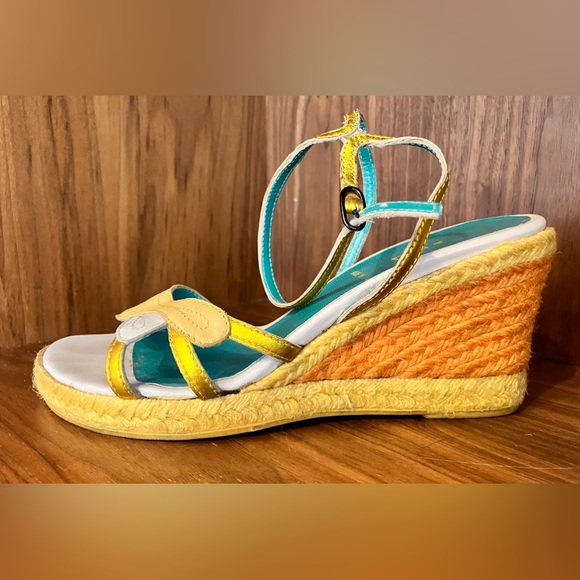 VTG E Made In Italy Colorblock Wedge Espadrilles Sz 37 Cream/Orange/Yellow/Gold - Picture 6 of 16